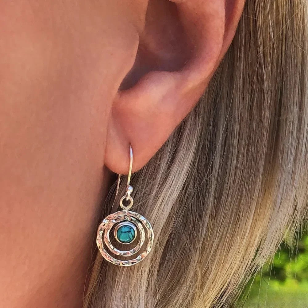 Victoria | Boho Saturn Earrings with Turquoise Stone in Silver & Gold