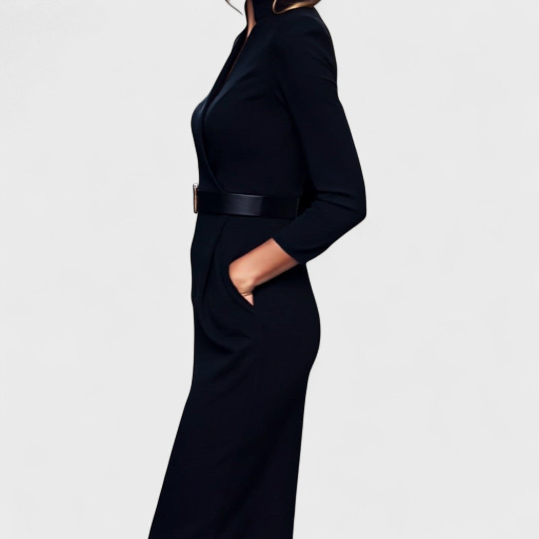 Victoria | Elegant Black Dress with Belt and Collar