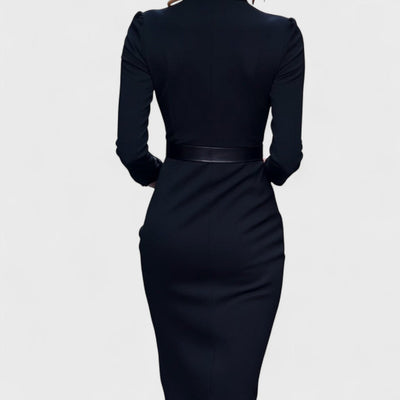 Victoria | Elegant Black Dress with Belt and Collar