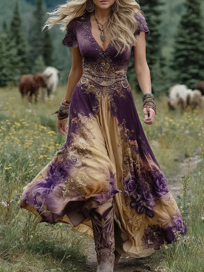 Victoria | Classy Gradient Purple Lavender And Floral Printed Short Maxi Dress