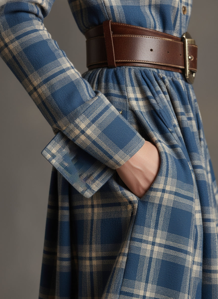 Victoria | Retro Ethnic Style Lapel Reddish Brown Plaid Maxi Dress