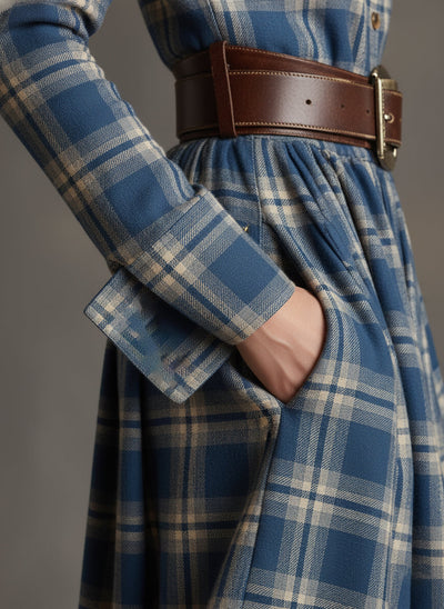 Victoria | Retro Ethnic Style Lapel Reddish Brown Plaid Maxi Dress