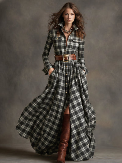 Victoria | Retro Ethnic Style Lapel Reddish Brown Plaid Maxi Dress