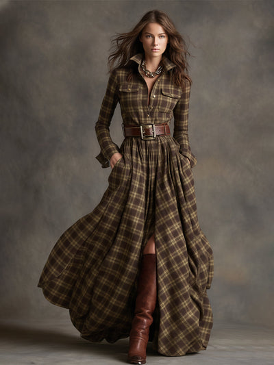 Victoria | Retro Ethnic Style Lapel Reddish Brown Plaid Maxi Dress