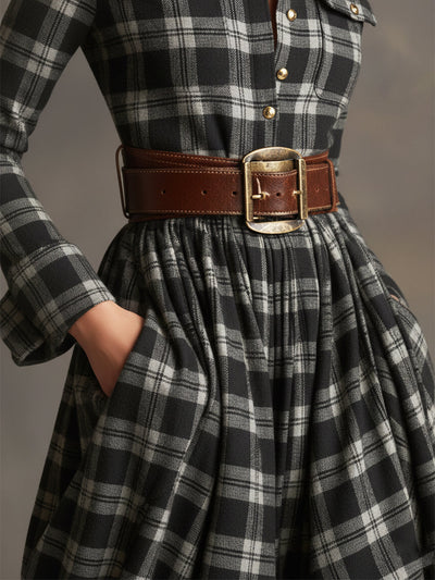 Victoria | Retro Ethnic Style Lapel Reddish Brown Plaid Maxi Dress