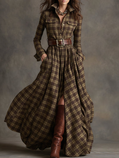 Victoria | Retro Ethnic Style Lapel Reddish Brown Plaid Maxi Dress