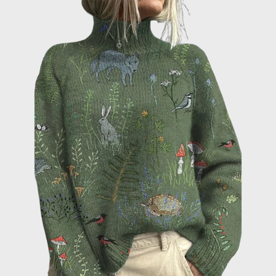 Victoria | Cozy Knitted Sweater with Forest-Inspired Print