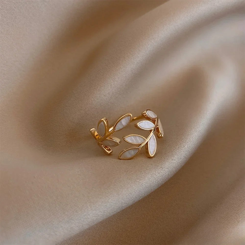 Victoria | Adjustable Gold Ring with White Opal Leaf