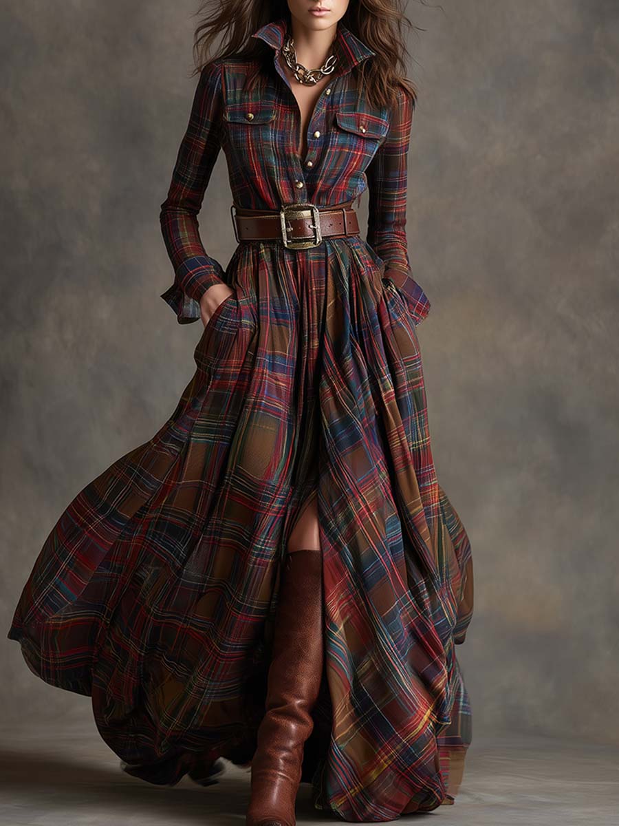 Victoria | Retro Ethnic Style Lapel Reddish Brown Plaid Maxi Dress