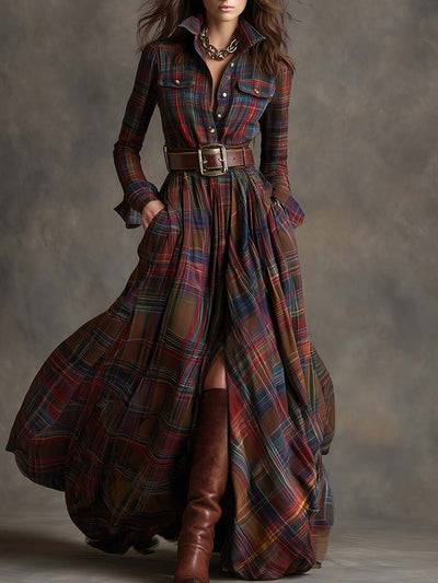 Victoria | Retro Ethnic Style Lapel Reddish Brown Plaid Maxi Dress