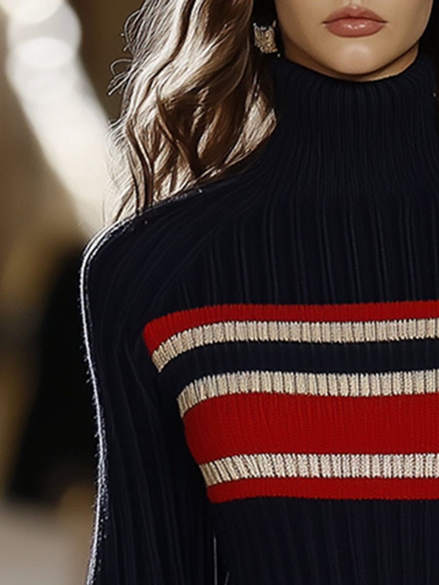 Victoria | Retro French Elegant Fashionable High Collar Red And White Striped Dress