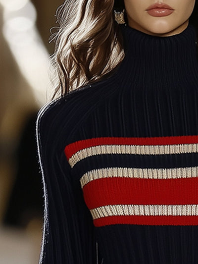 Victoria | Retro French Elegant Fashionable High Collar Red And White Striped Dress