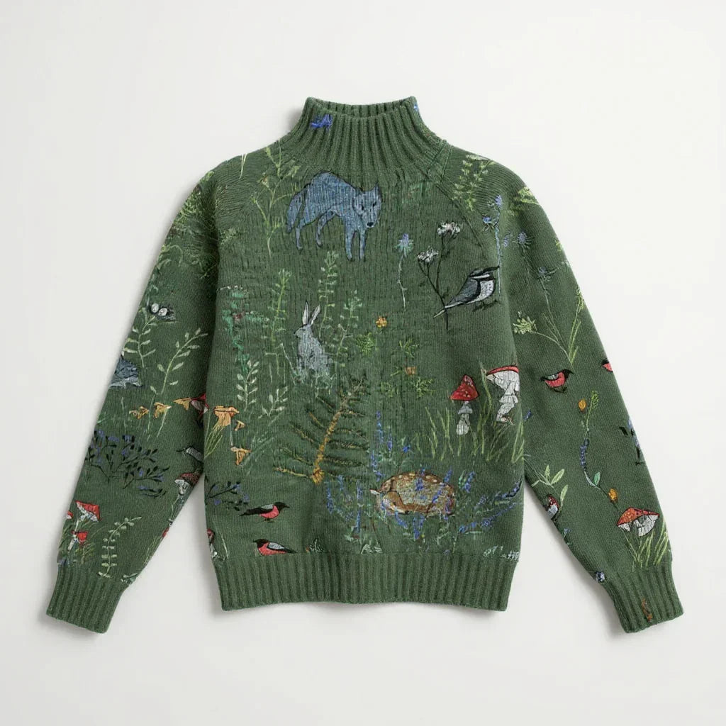 Victoria | Cozy Knitted Sweater with Forest-Inspired Print